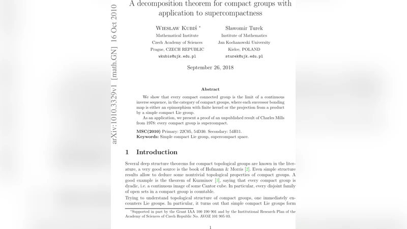 A decomposition theorem for compact groups with application to   supercompactness