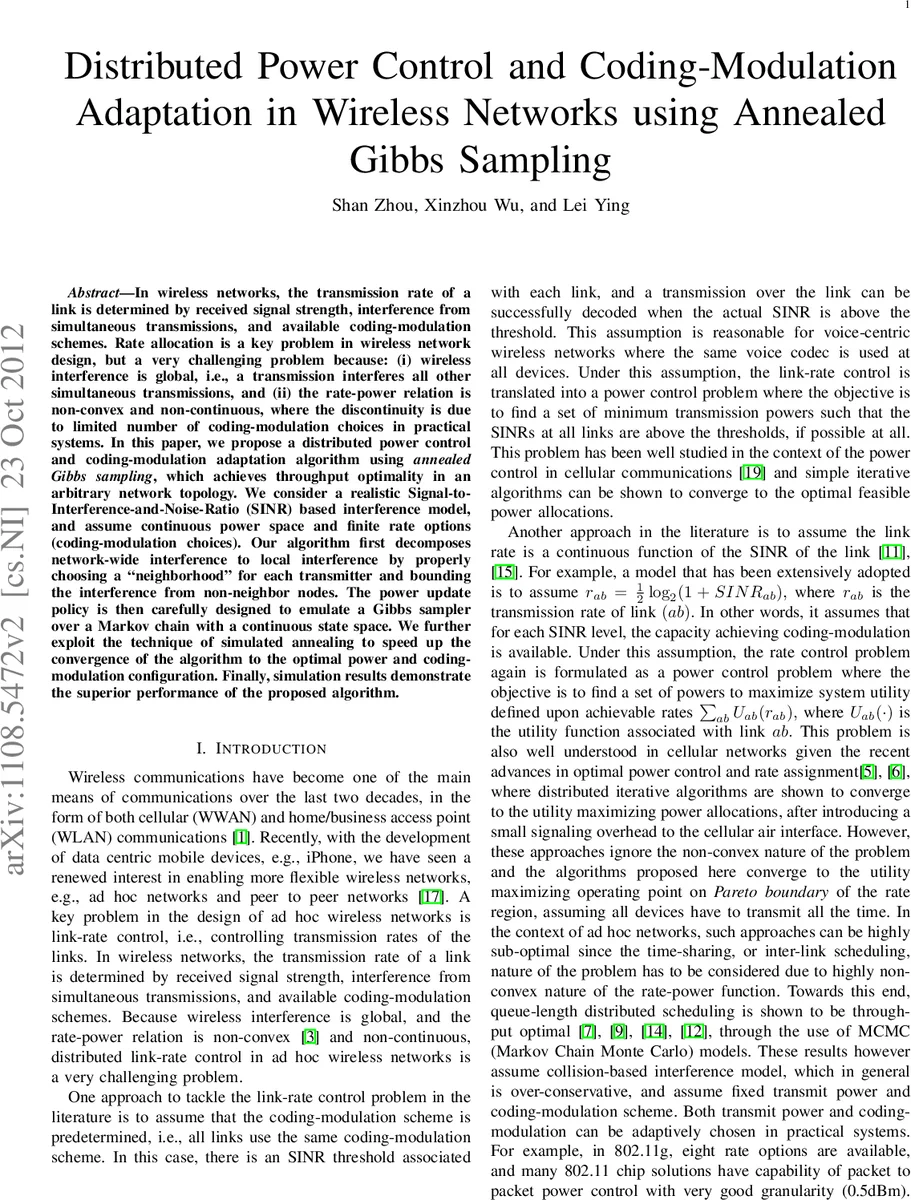 Distributed Power Control and Coding-Modulation Adaptation in Wireless   Networks using Annealed Gibbs Sampling