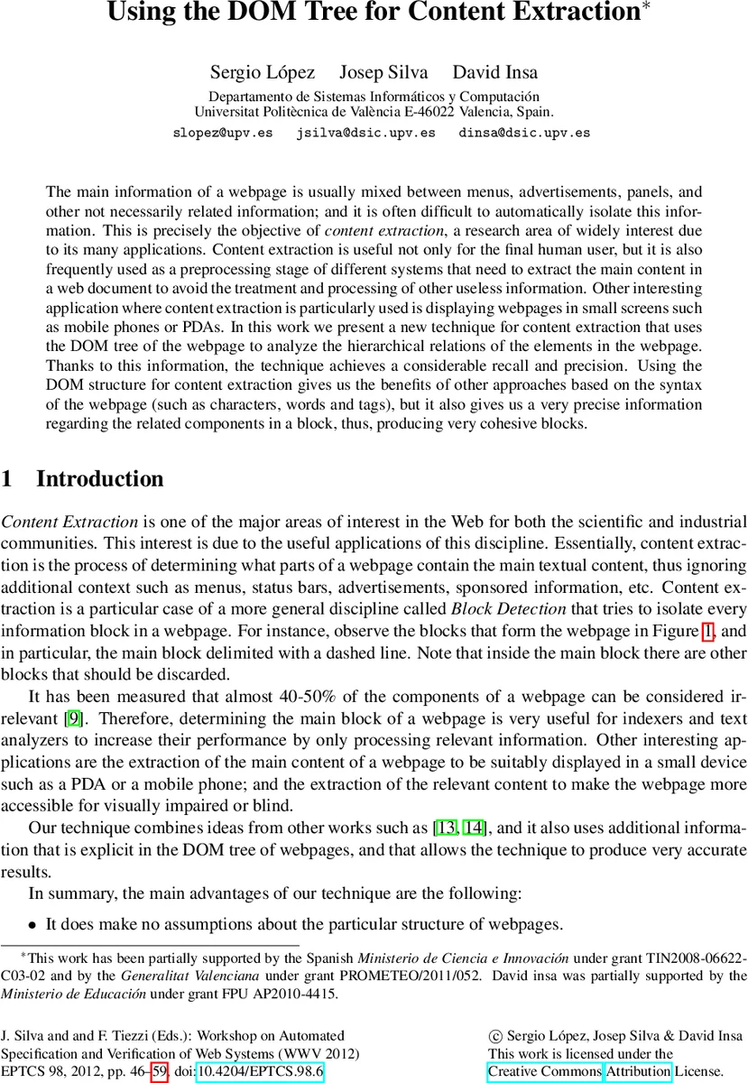 Using the DOM Tree for Content Extraction