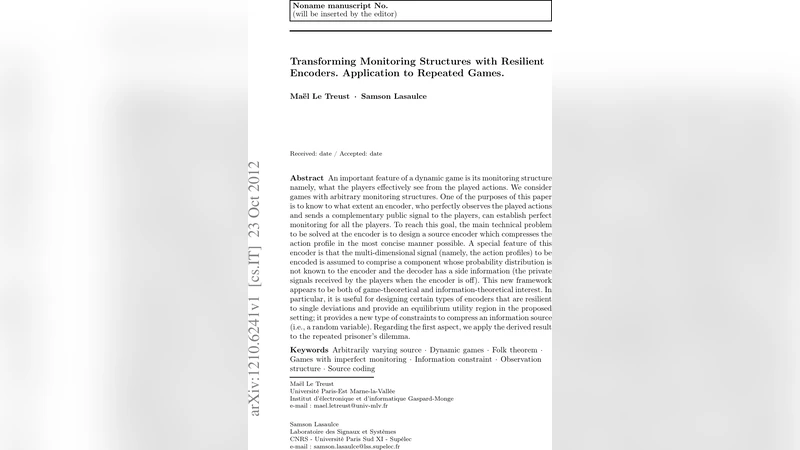 Transforming Monitoring Structures with Resilient Encoders. Application   to Repeated Games
