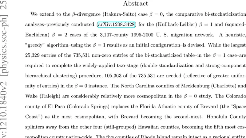 A Further (Itakura-Saito/beta=0) Bi-stochaticization and Associated   Clustering/Regionalization of the 3,107-County 1995-2000 U. S. Migration   Network