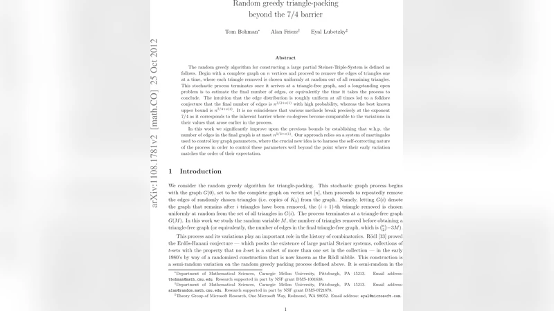 Random greedy triangle-packing beyond the 7/4 barrier