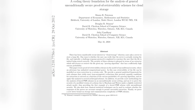 A coding theory foundation for the analysis of general unconditionally   secure proof-of-retrievability schemes for cloud storage