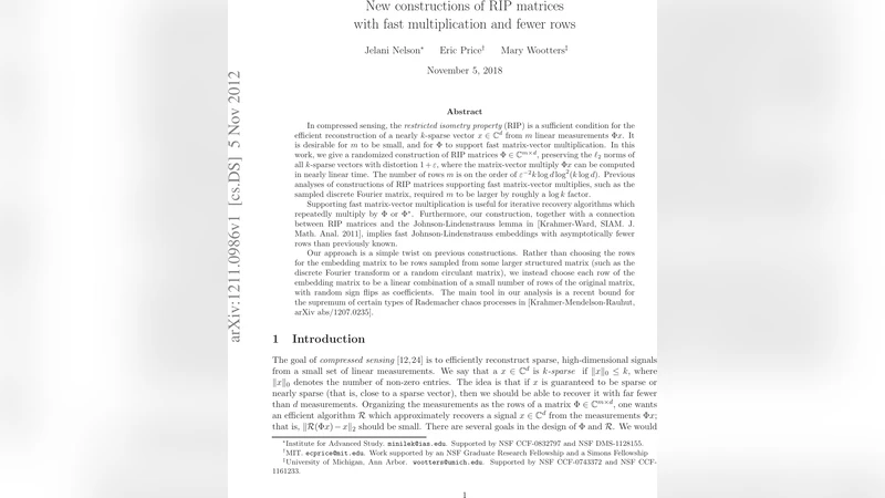 New constructions of RIP matrices with fast multiplication and fewer   rows