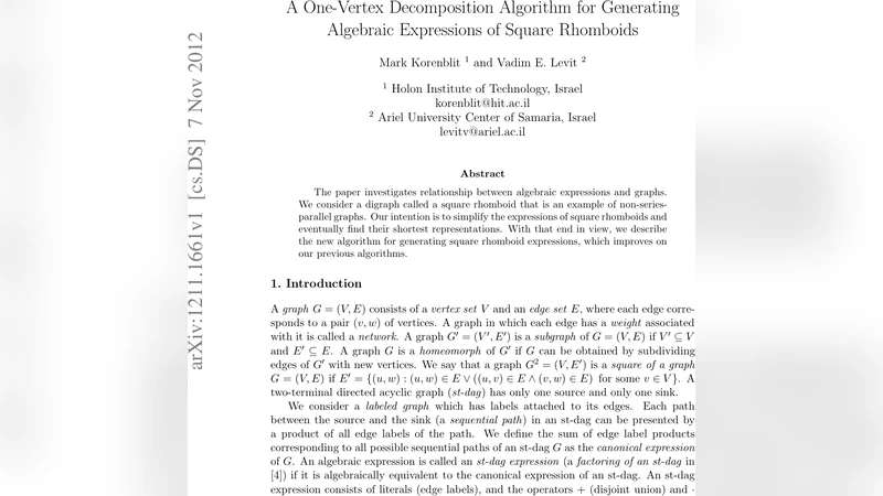 A One-Vertex Decomposition Algorithm for Generating Algebraic   Expressions of Square Rhomboids