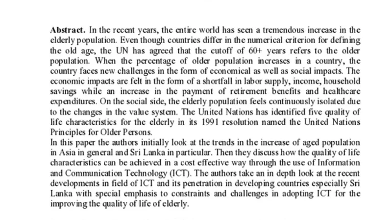 An ICT Enhanced Life Quality for the Elderly in Developing Countries:   Analysis Study Applied to Sri Lanka