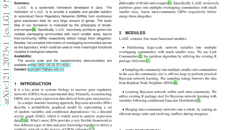 LAGE: A Java Framework to reconstruct Gene Regulatory Networks from   Large-Scale Continues Expression Data