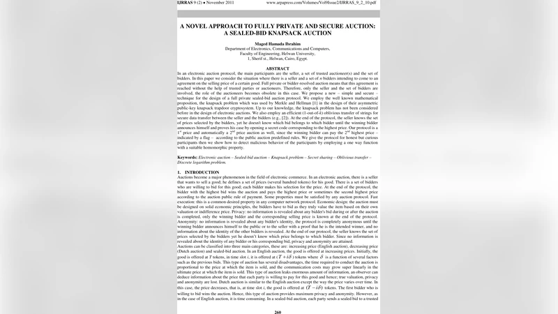 A Novel Approach to Fully Private and Secure Auction: A Sealed Bid   Knapsack Auction