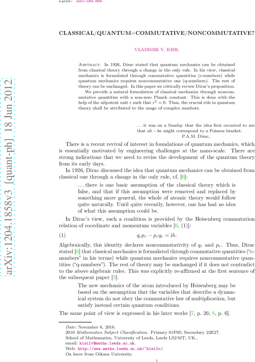 Classical/Quantum=Commutative/Noncommutative?