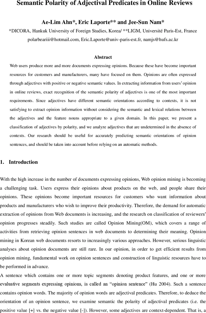 Semantic Polarity of Adjectival Predicates in Online Reviews