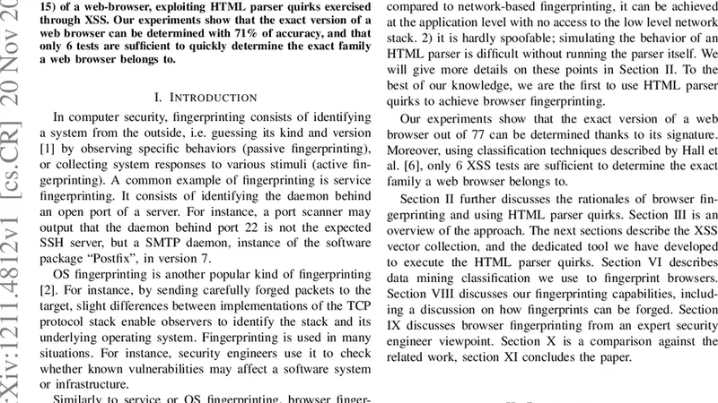 XSS-FP: Browser Fingerprinting using HTML Parser Quirks