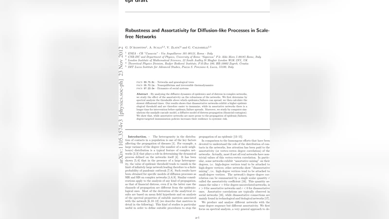 Robustness and Assortativity for Diffusion-like Processes in Scale-free   Networks