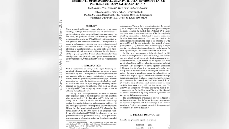 Distributed Optimization via Adaptive Regularization for Large Problems   with Separable Constraints