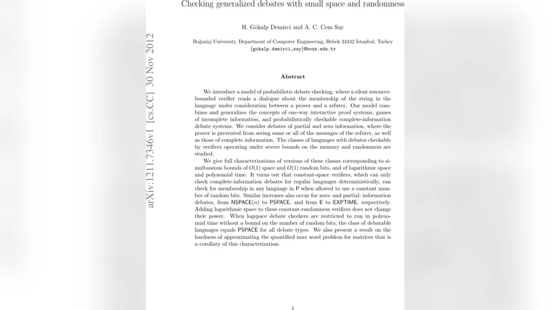 Checking generalized debates with small space and randomness