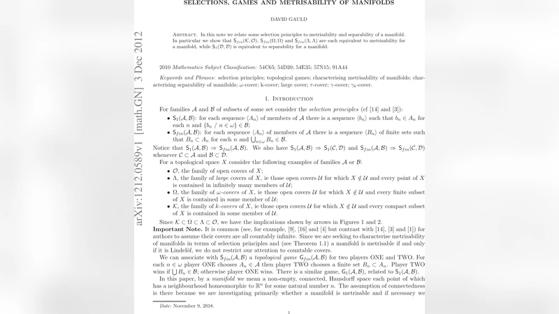 Selections, games and metrisability of manifolds