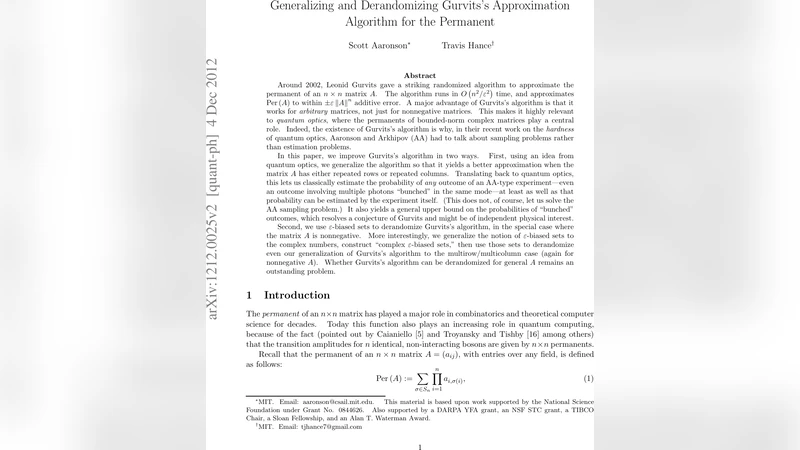 Generalizing and Derandomizing Gurvitss Approximation Algorithm for the   Permanent