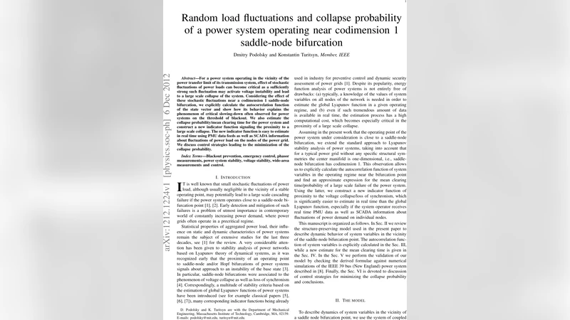 Random load fluctuations and collapse probability of a power system   operating near codimension 1 saddle-node bifurcation