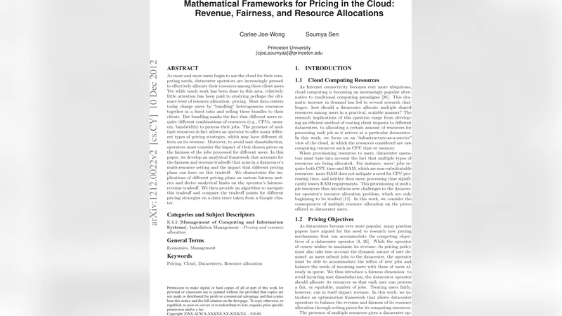 Mathematical Frameworks for Pricing in the Cloud: Revenue, Fairness, and   Resource Allocations