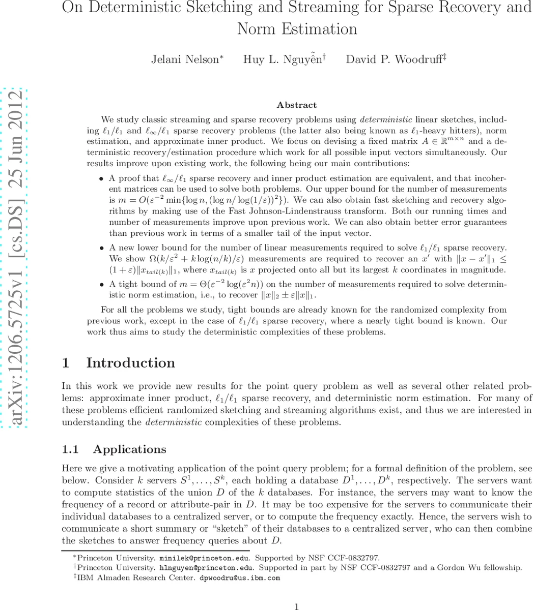 On Deterministic Sketching and Streaming for Sparse Recovery and Norm   Estimation