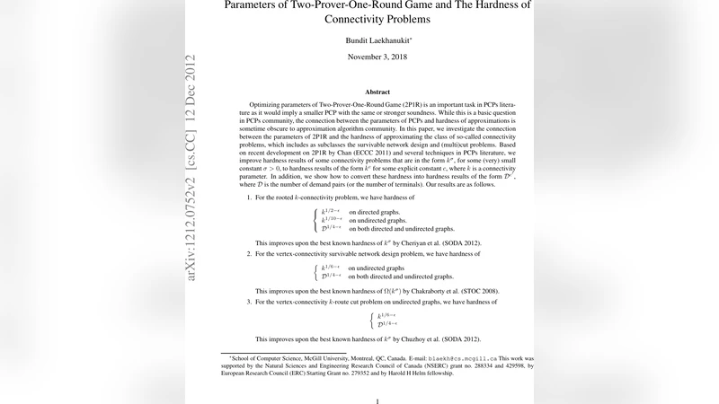 Parameters of Two-Prover-One-Round Game and The Hardness of Connectivity   Problems