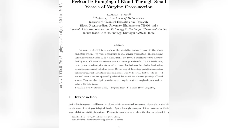 Peristaltic Pumping of Blood Through Small Vessels of Varying   Cross-section