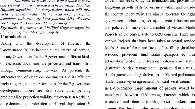Towards Design and Implementation of Space Efficient and Secured   Transmission scheme on EGovernance data