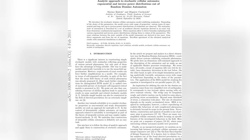 Analytic approach to stochastic cellular automata: exponential and   inverse power distributions out of Random Domino Automaton