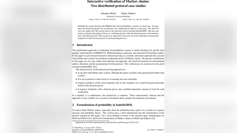 Interactive verification of Markov chains: Two distributed protocol case   studies