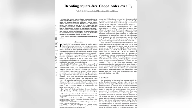 Decoding square-free Goppa codes over $F_p$