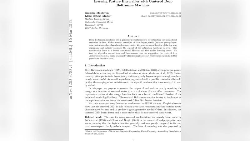 Learning Feature Hierarchies with Centered Deep Boltzmann Machines