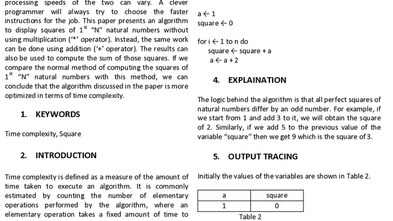 Algorithm to Compute Squares of 1st N Natural Numbers Without Using   Multiplication