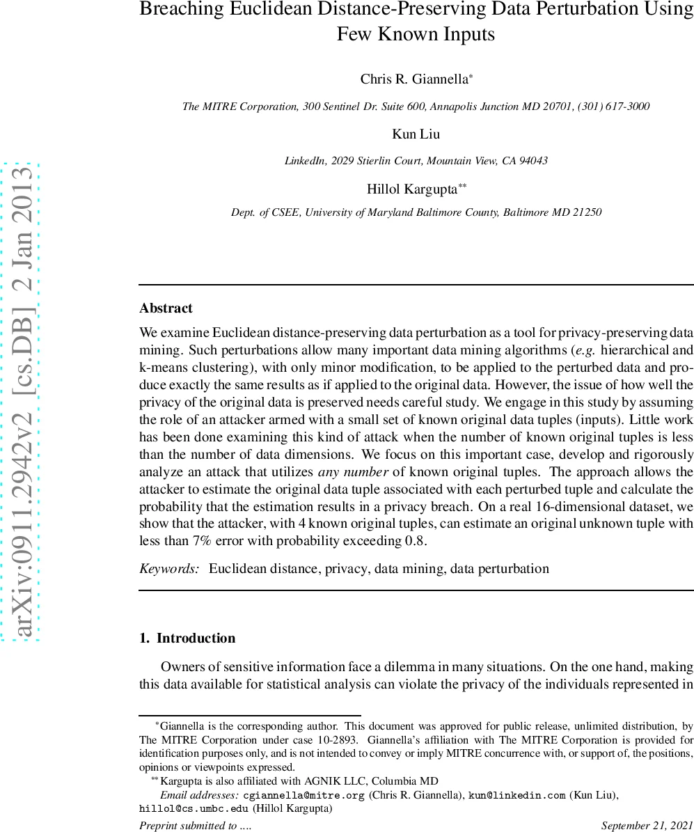 Breaching Euclidean Distance-Preserving Data Perturbation Using Few   Known Inputs