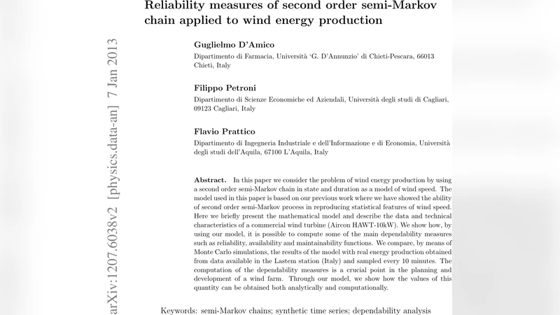 Reliability measures of second order semi-Markov chain applied to wind   energy production