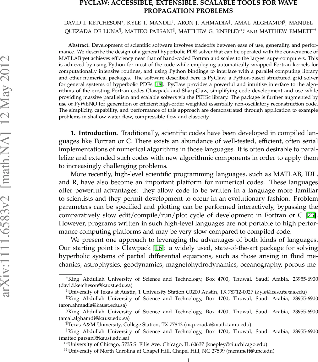 PyClaw: Accessible, Extensible, Scalable Tools for Wave Propagation   Problems