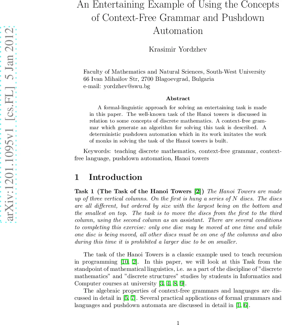 An Entertaining Example of Using the Concepts of Context-Free Grammar   and Pushdown Automation