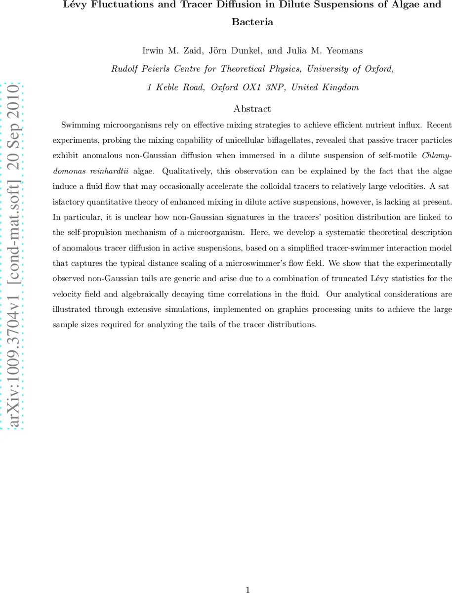 Levy Fluctuations and Tracer Diffusion in Dilute Suspensions of Algae   and Bacteria