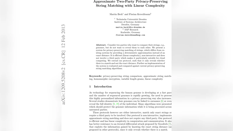 Approximate Two-Party Privacy-Preserving String Matching with Linear   Complexity