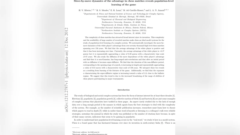 Move-by-move dynamics of the advantage in chess matches reveals   population-level learning of the game