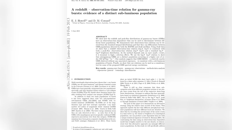 A redshift - observation-time relation for gamma-ray bursts: evidence of   a distinct sub-luminous population