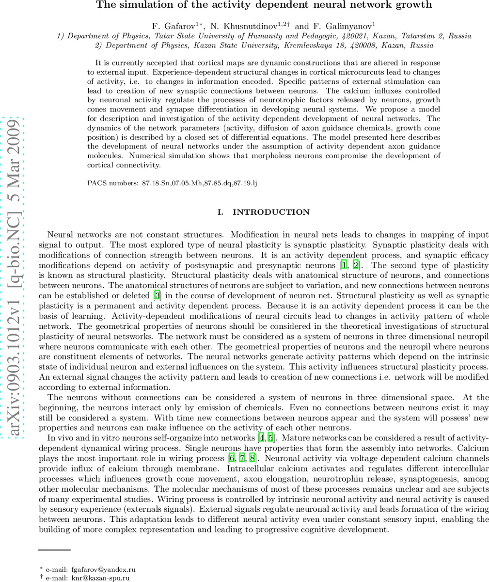 The simulation of the activity dependent neural network growth