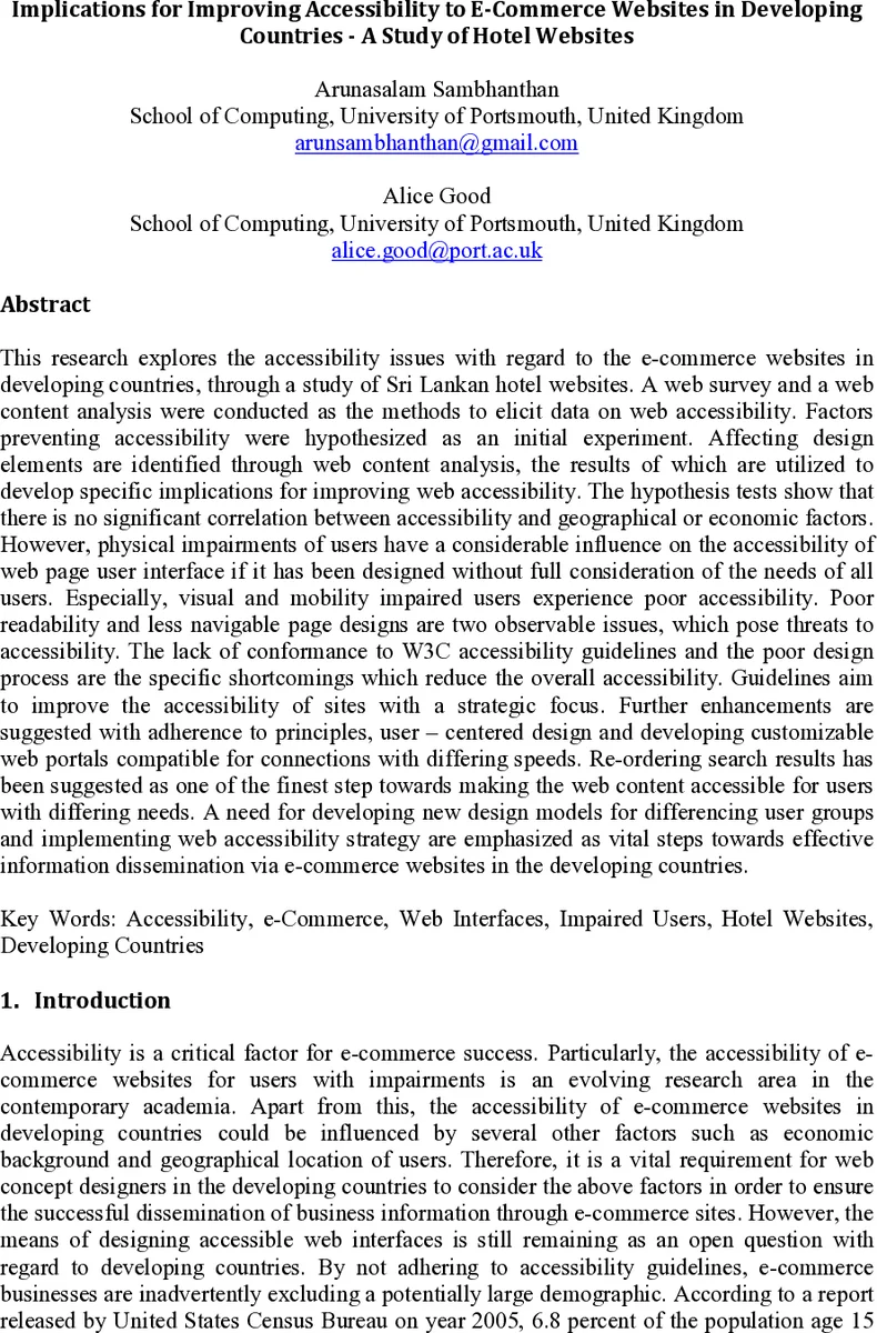 Implications for Improving Accessibility to E-Commerce Websites in   Developing Countries - A Study of Hotel Websites