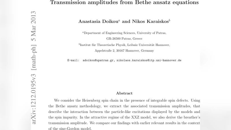 Transmission amplitudes from Bethe ansatz equations