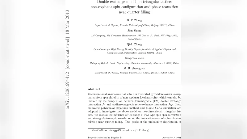Double exchange model on triangular lattice: non-coplanar spin   configuration and phase transition near quarter filling