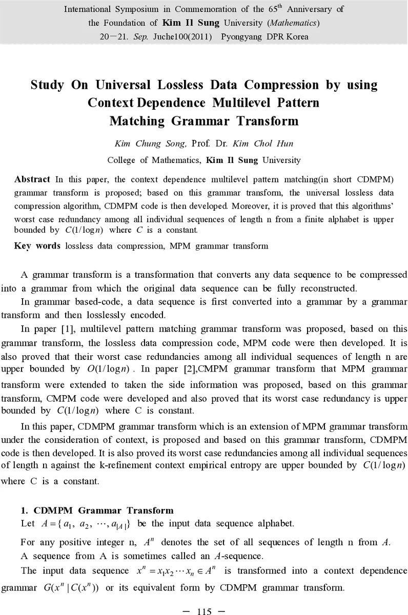 Study On Universal Lossless Data Compression by using Context Dependence   Multilevel Pattern Matching Grammar Transform
