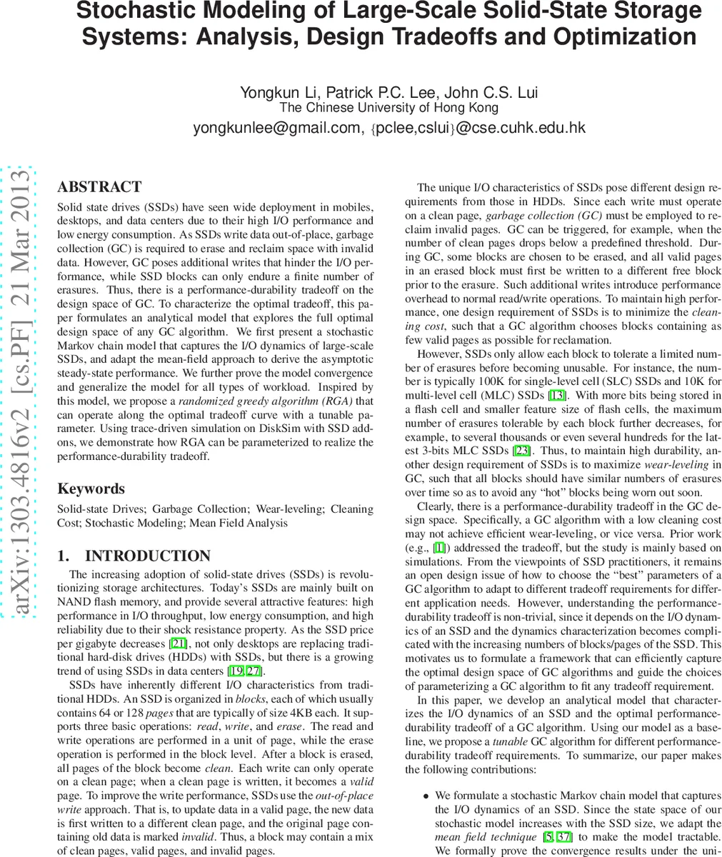 Stochastic Modeling of Large-Scale Solid-State Storage Systems:   Analysis, Design Tradeoffs and Optimization