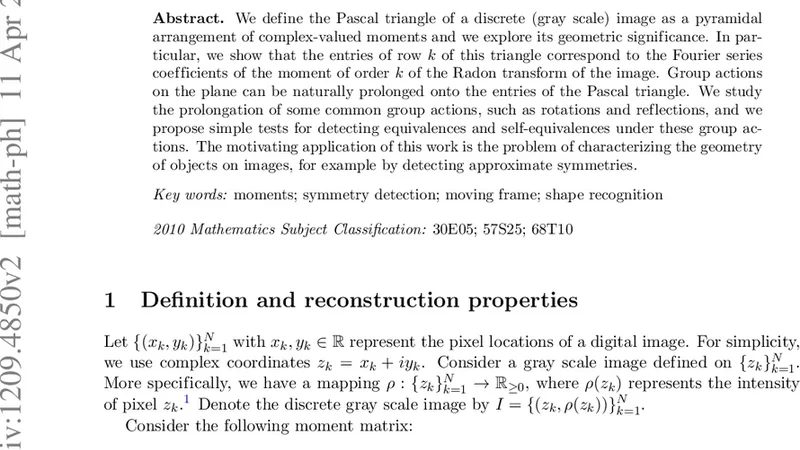 The Pascal Triangle of a Discrete Image: Definition, Properties and   Application to Shape Analysis