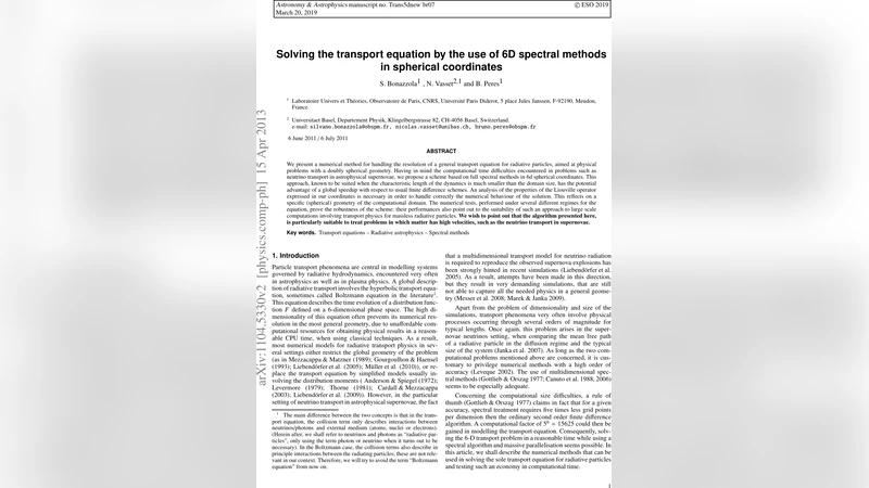 Solving the transport equation by the use of 6D spectral methods in   spherical geometry