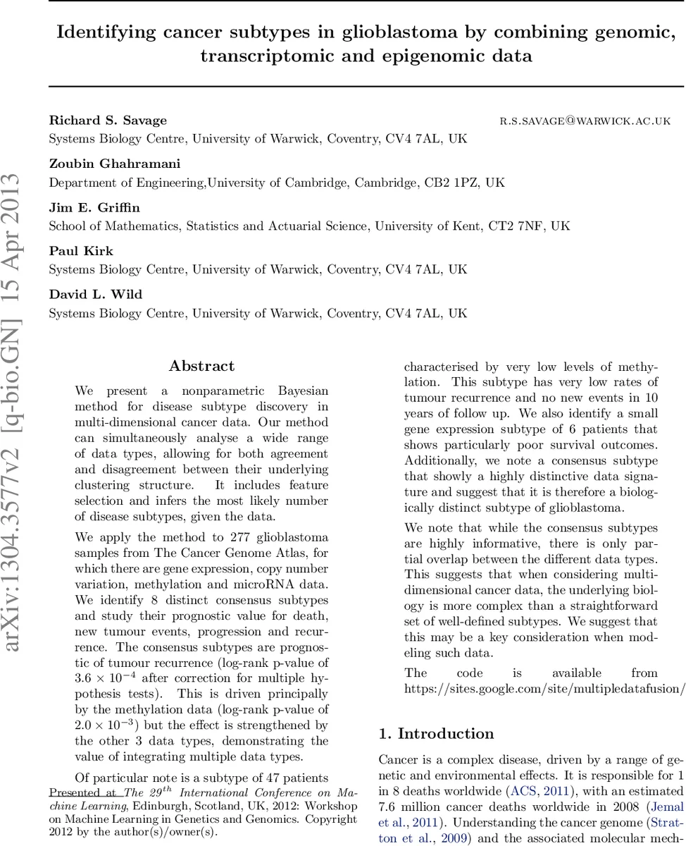Identifying cancer subtypes in glioblastoma by combining genomic,   transcriptomic and epigenomic data