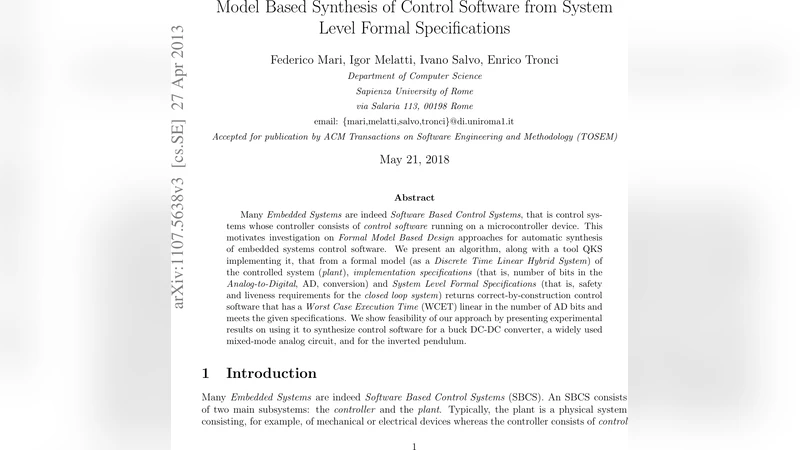 Model Based Synthesis of Control Software from System Level Formal   Specifications