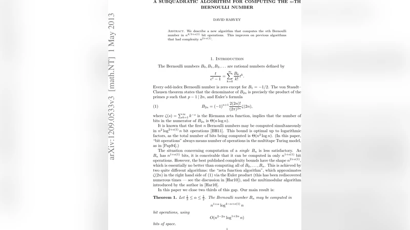 A subquadratic algorithm for computing the n-th Bernoulli number